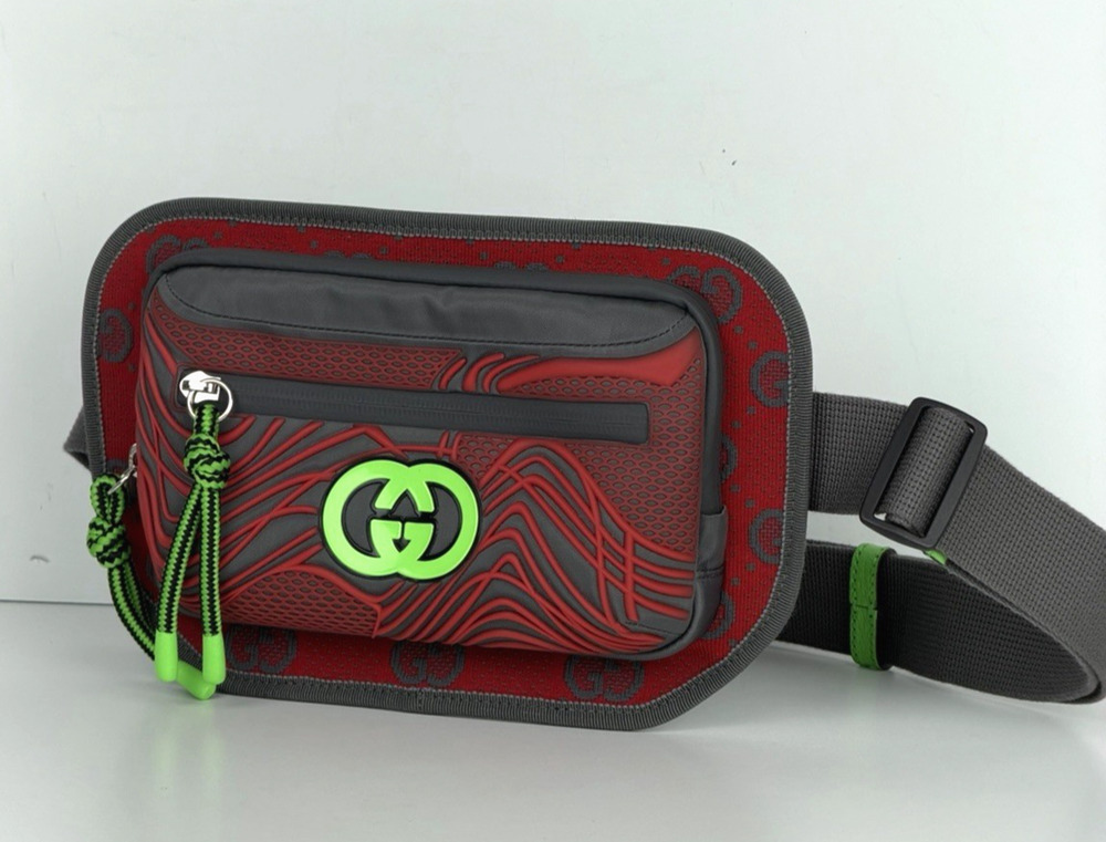Gucci GG Jersey Nylon and Rubber Belt Bag in Red/Grey/Neon S19